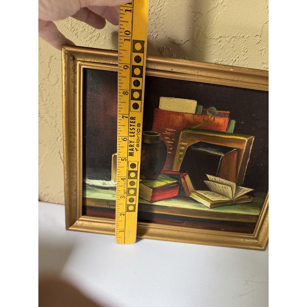 Vintage Frank Lean Original Oil Painting Still Life Books Vase Gold Frame Signed - Picture 5 of 9
